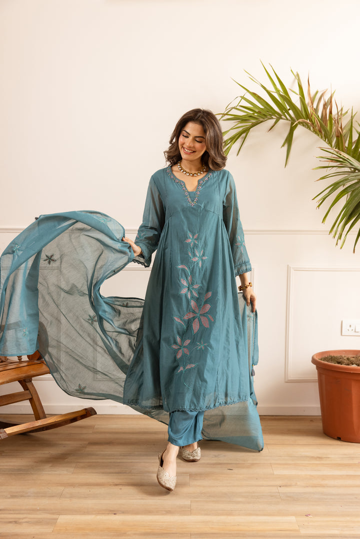 Nehamta Women's Teal Chanderi Cotton Kurta with Pant & Dupatta