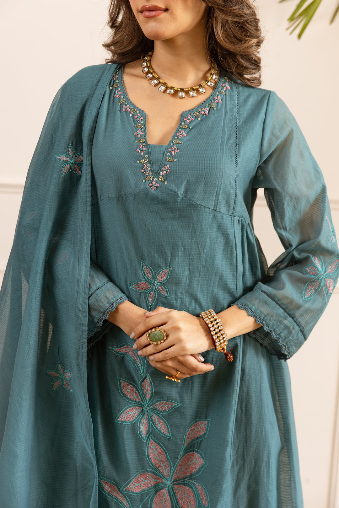 Nehamta Women's Teal Chanderi Cotton Kurta with Pant & Dupatta