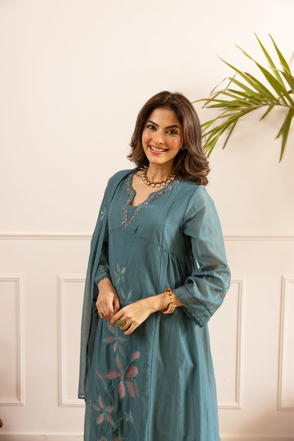 Nehamta Women's Teal Chanderi Cotton Kurta with Pant & Dupatta