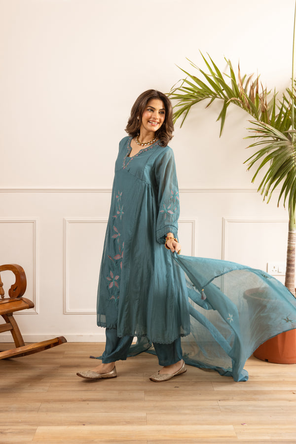 Nehamta Women's Teal Chanderi Cotton Kurta with Pant & Dupatta