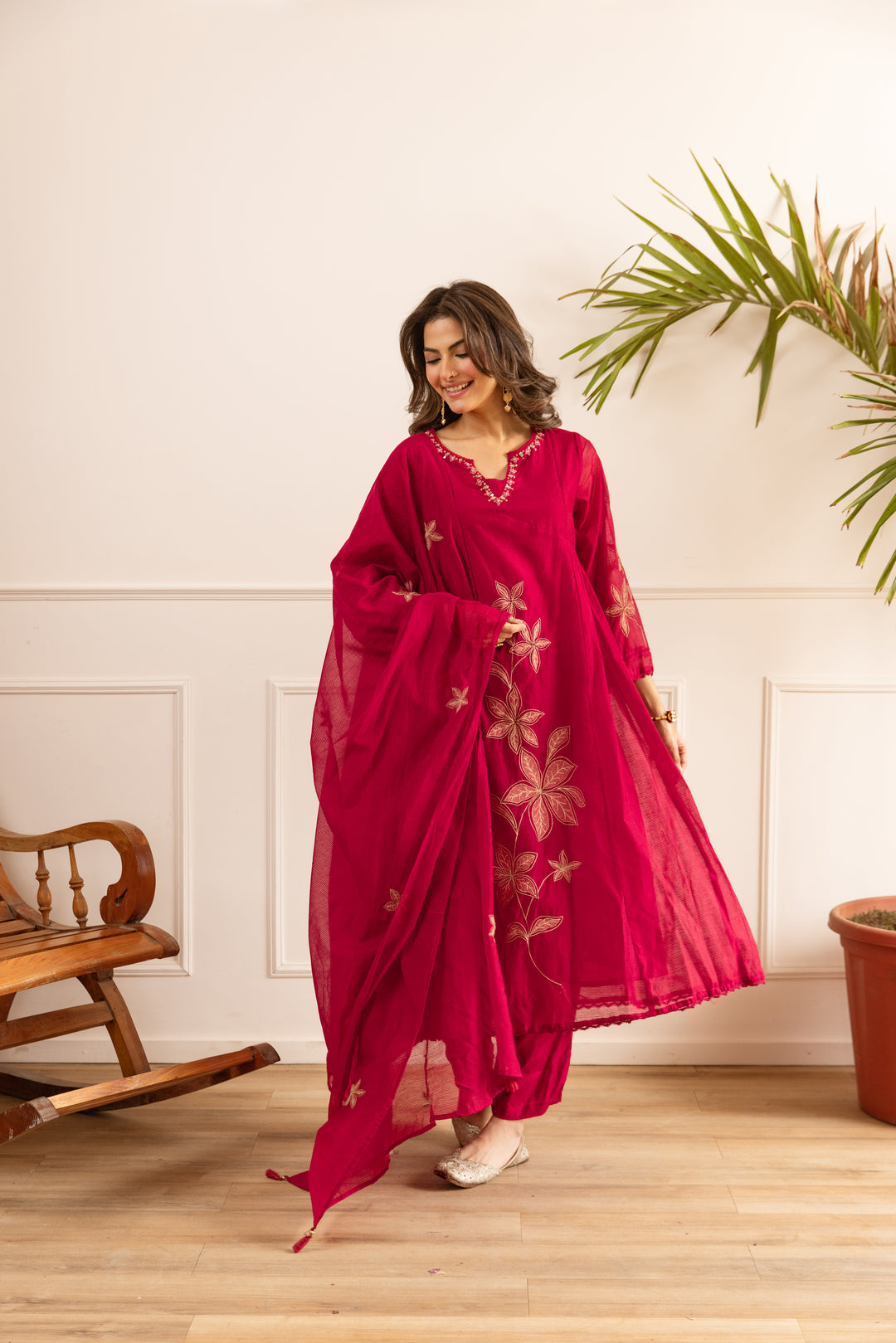 Nehamta Women's Red Chanderi Cotton Kurta with Pant & Dupatta