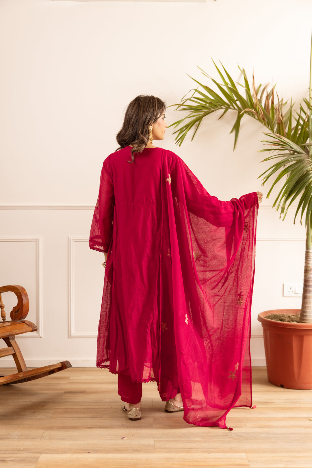 Nehamta Women's Red Chanderi Cotton Kurta with Pant & Dupatta
