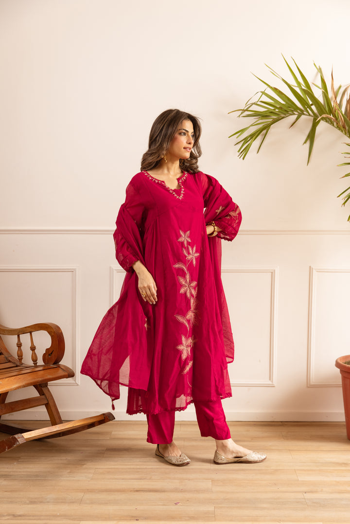 Nehamta Women's Red Chanderi Cotton Kurta with Pant & Dupatta