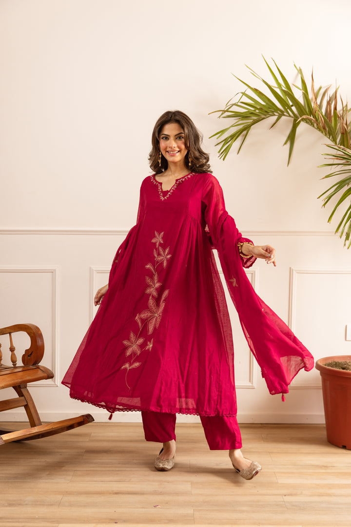 Nehamta Women's Red Chanderi Cotton Kurta with Pant & Dupatta