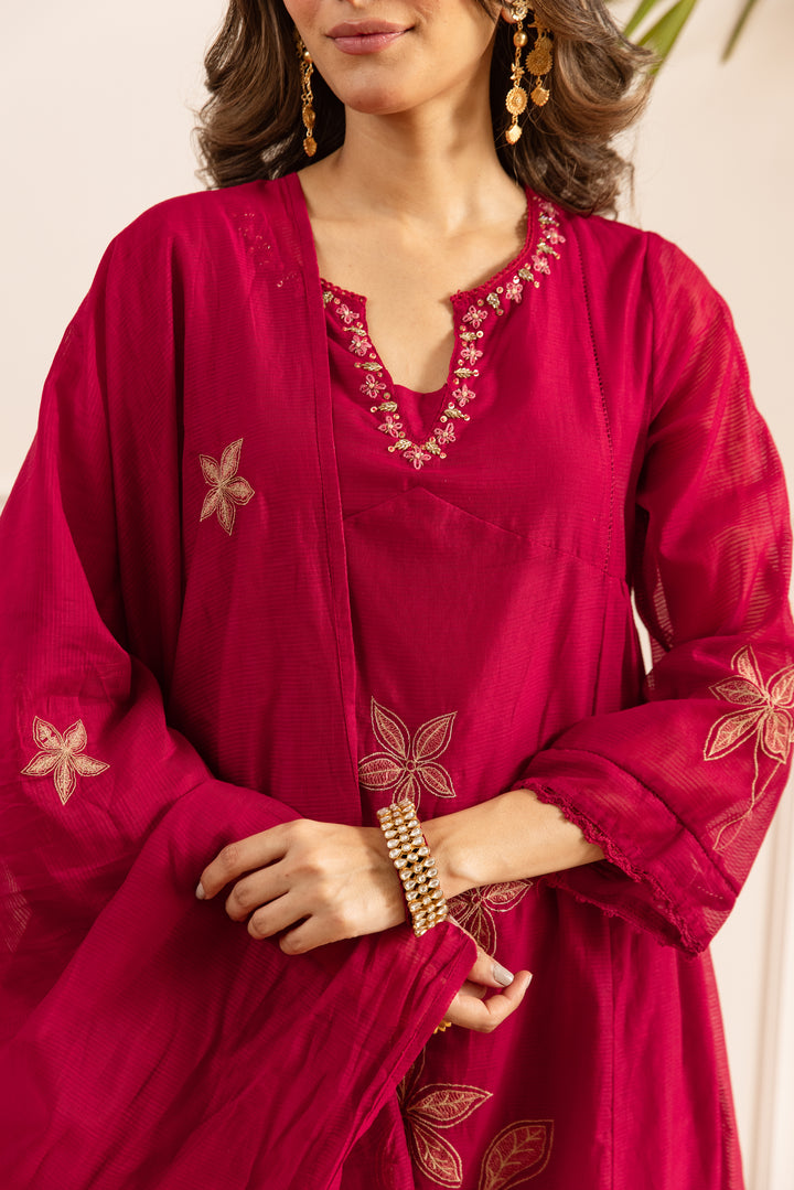 Nehamta Women's Red Chanderi Cotton Kurta with Pant & Dupatta
