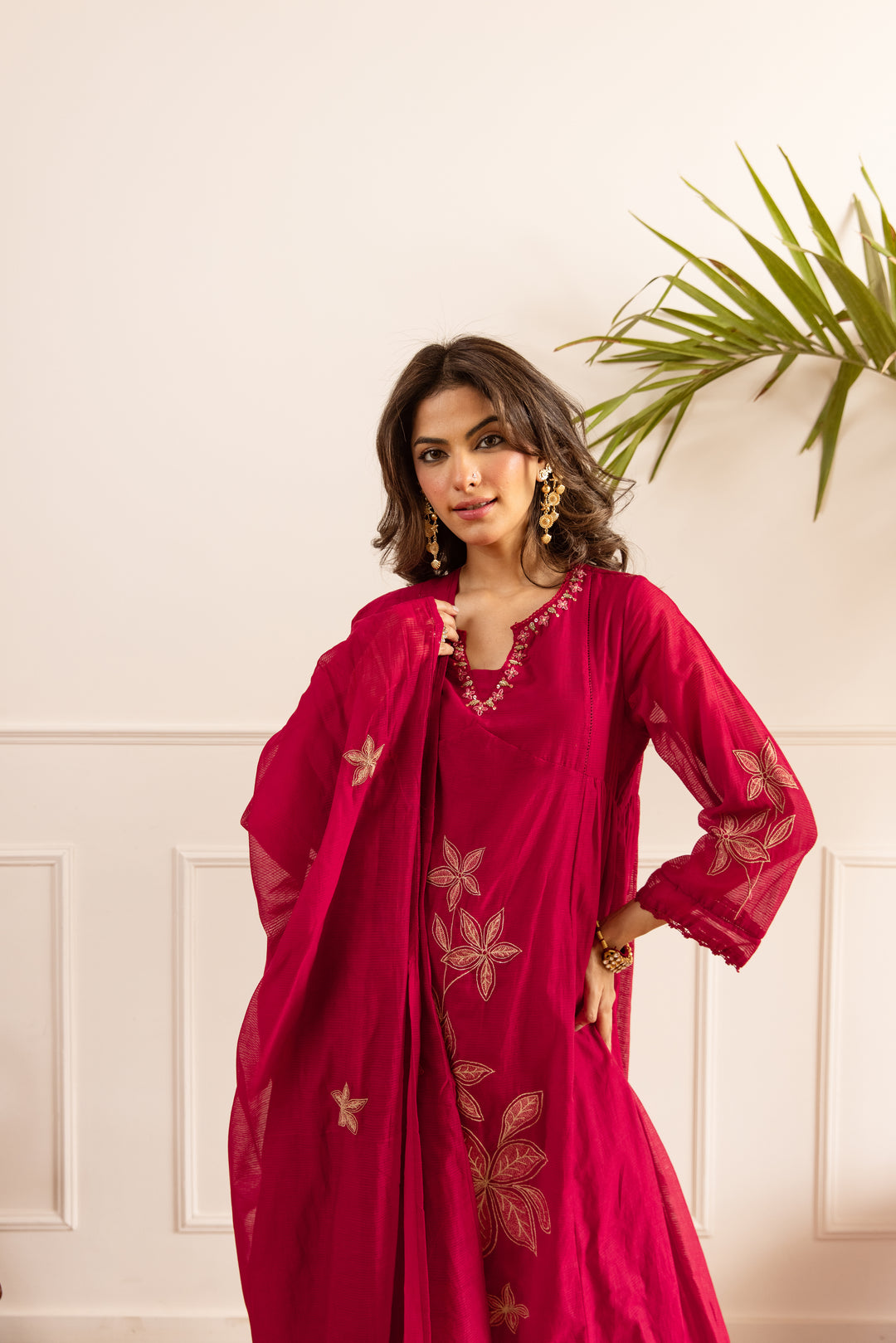 Nehamta Women's Red Chanderi Cotton Kurta with Pant & Dupatta