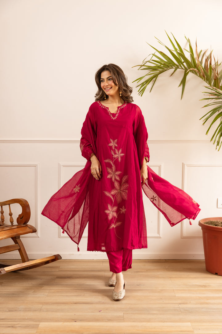Nehamta Women's Red Chanderi Cotton Kurta with Pant & Dupatta