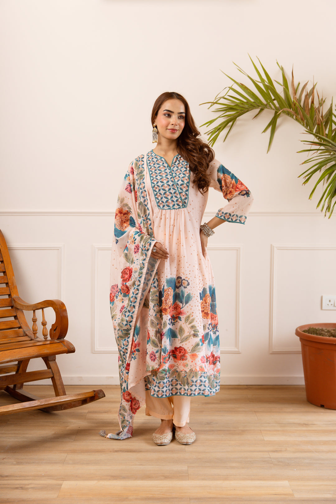 Nehamta Women's Peach Silk Blend Kurta with Pant & Dupatta