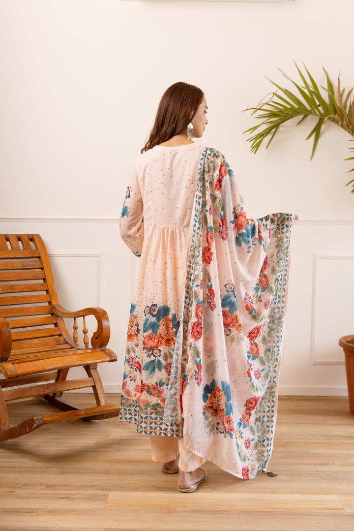 Nehamta Women's Peach Silk Blend Kurta with Pant & Dupatta