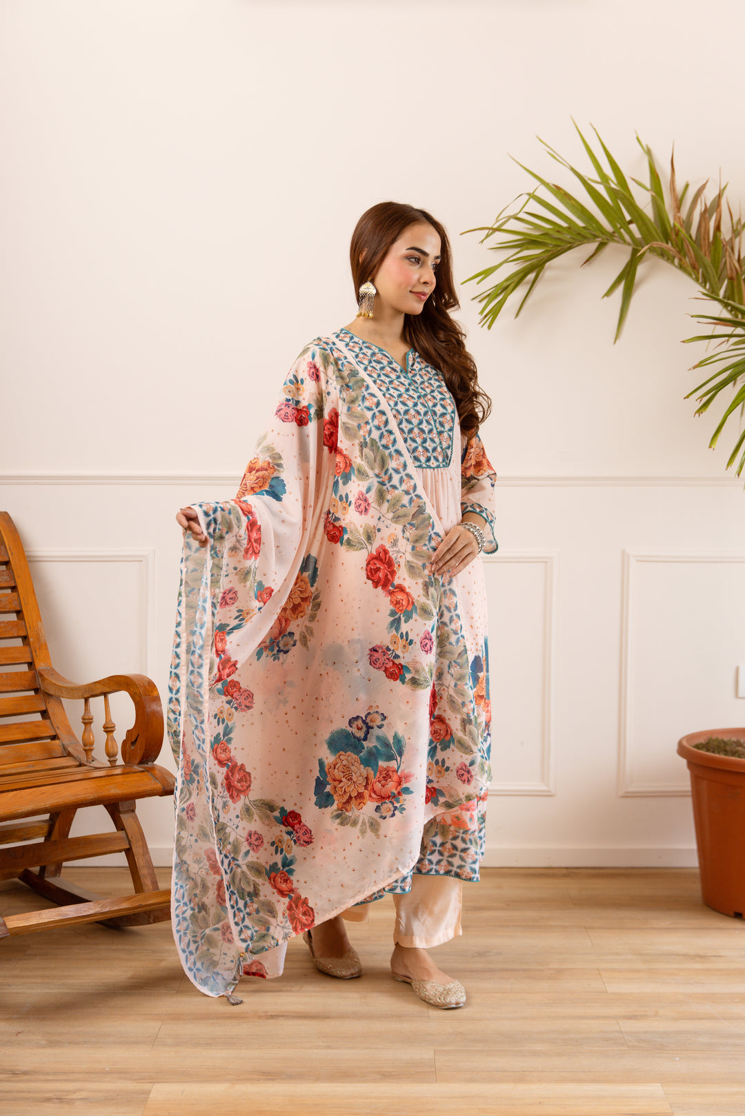 Nehamta Women's Peach Silk Blend Kurta with Pant & Dupatta