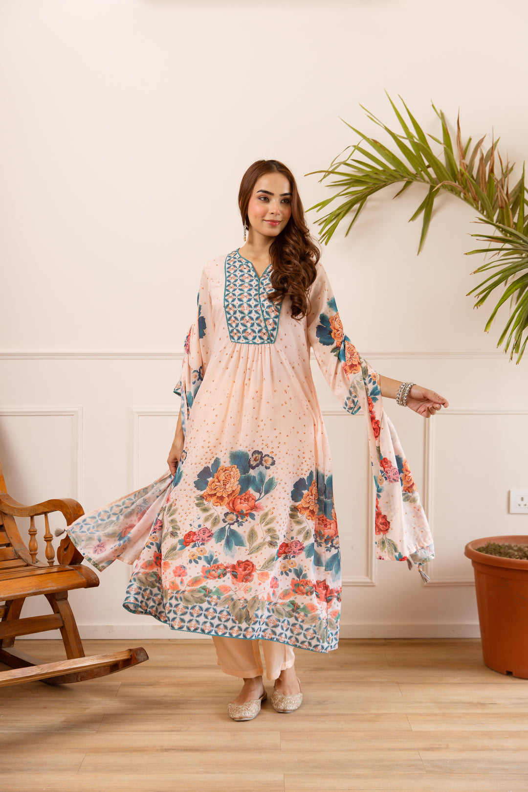 Nehamta Women's Peach Silk Blend Kurta with Pant & Dupatta