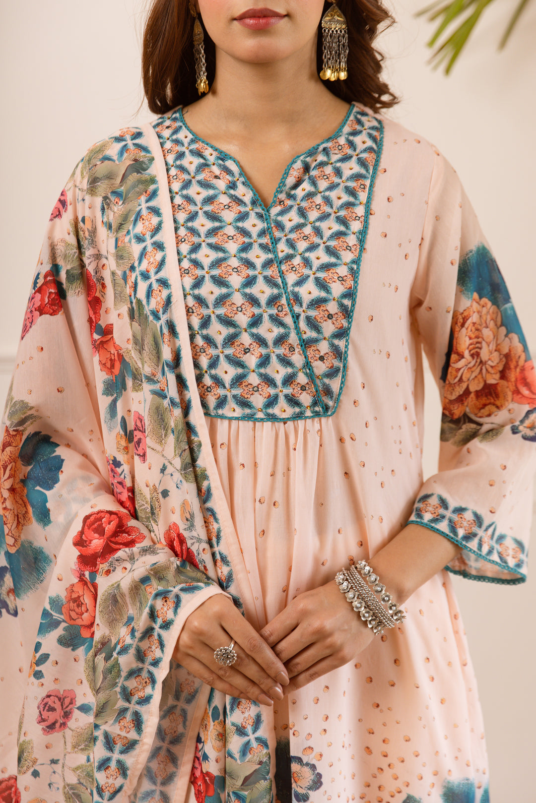 Nehamta Women's Peach Silk Blend Kurta with Pant & Dupatta