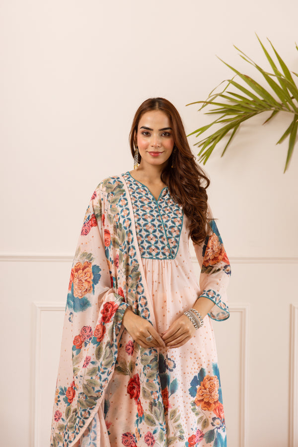Nehamta Women's Peach Silk Blend Kurta with Pant & Dupatta