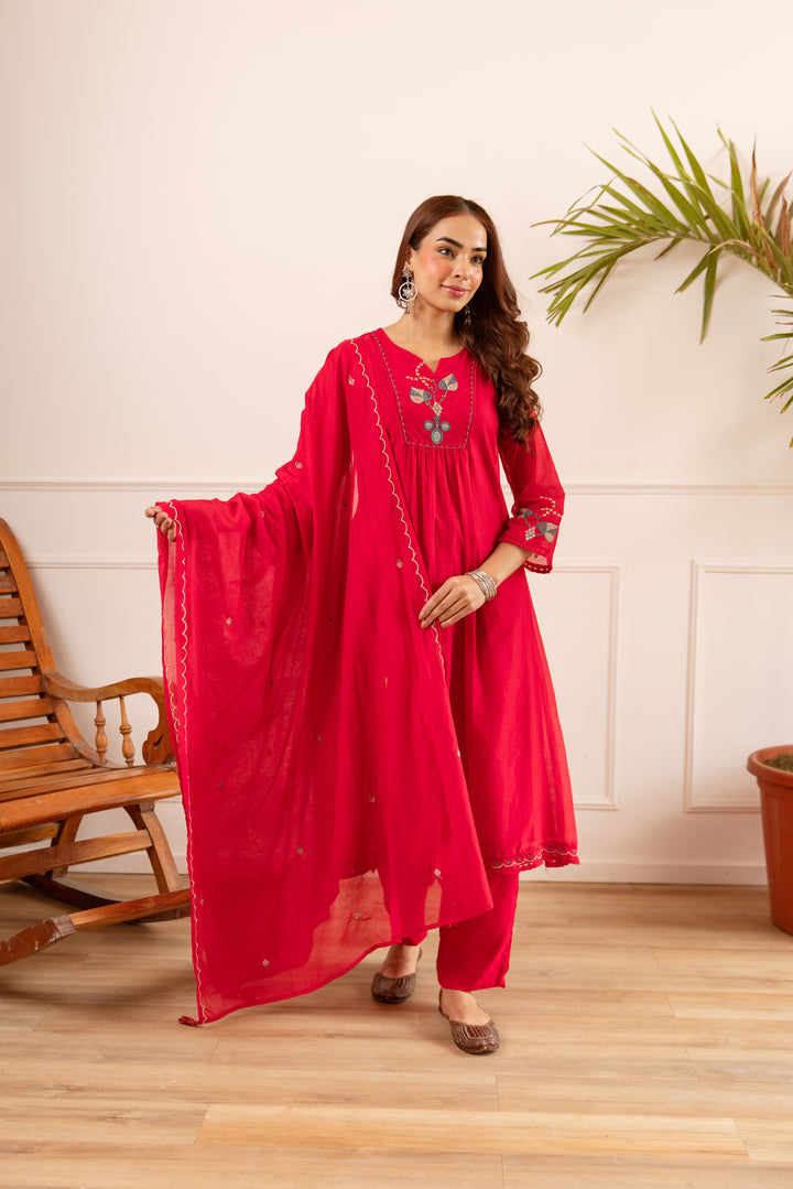 Nehamta Women's Red Chanderi Cotton Kurta with Pant & Dupatta