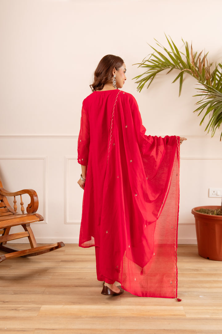Nehamta Women's Red Chanderi Cotton Kurta with Pant & Dupatta
