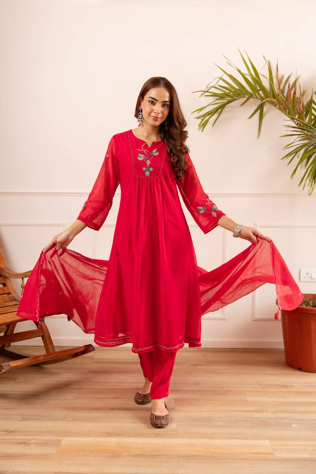 Nehamta Women's Red Chanderi Cotton Kurta with Pant & Dupatta