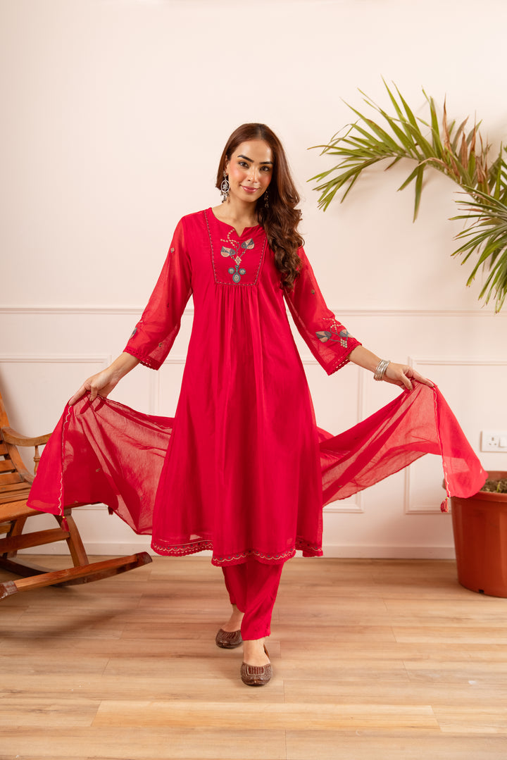 Nehamta Women's Red Chanderi Cotton Kurta with Pant & Dupatta
