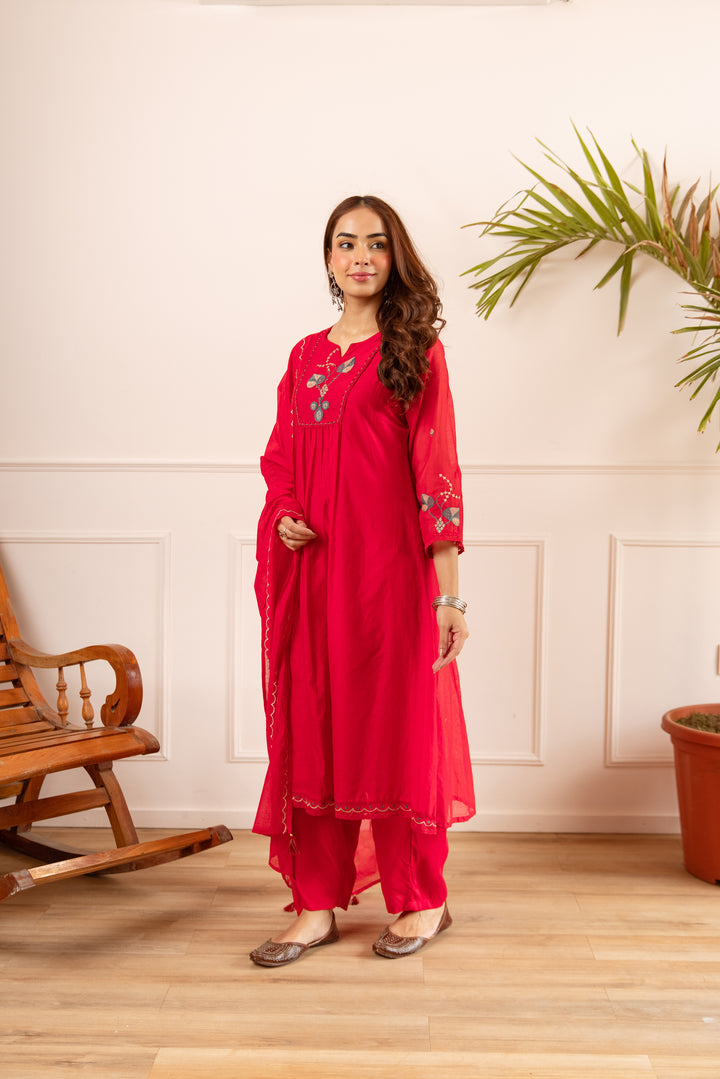 Nehamta Women's Red Chanderi Cotton Kurta with Pant & Dupatta