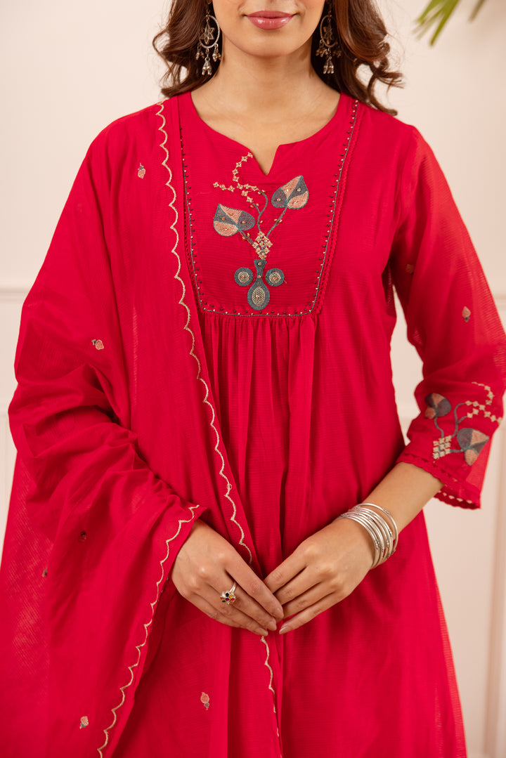 Nehamta Women's Red Chanderi Cotton Kurta with Pant & Dupatta