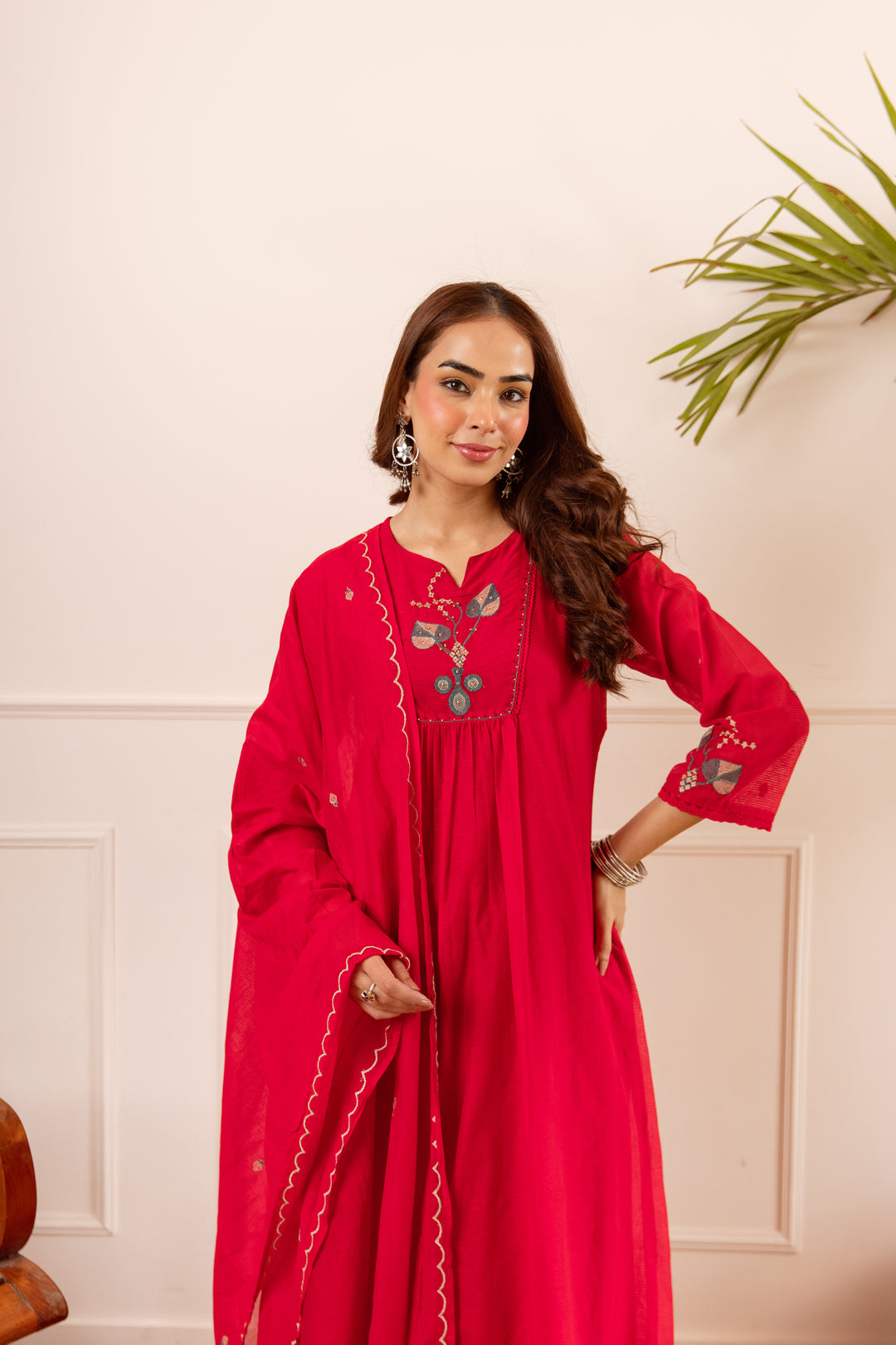 Nehamta Women's Red Chanderi Cotton Kurta with Pant & Dupatta