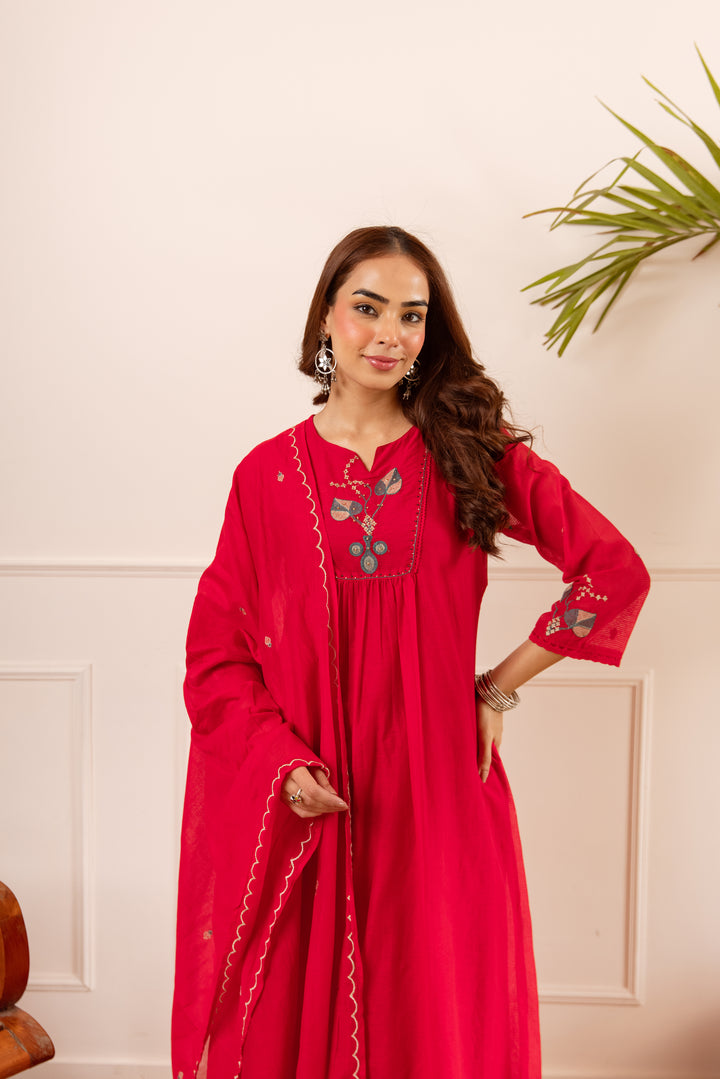 Nehamta Women's Red Chanderi Cotton Kurta with Pant & Dupatta