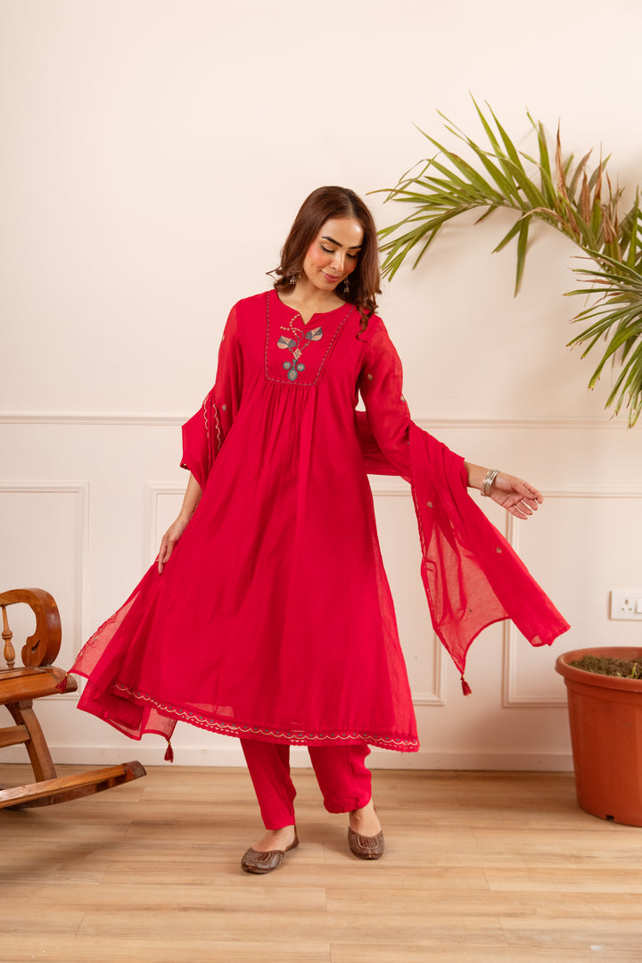 Nehamta Women's Red Chanderi Cotton Kurta with Pant & Dupatta