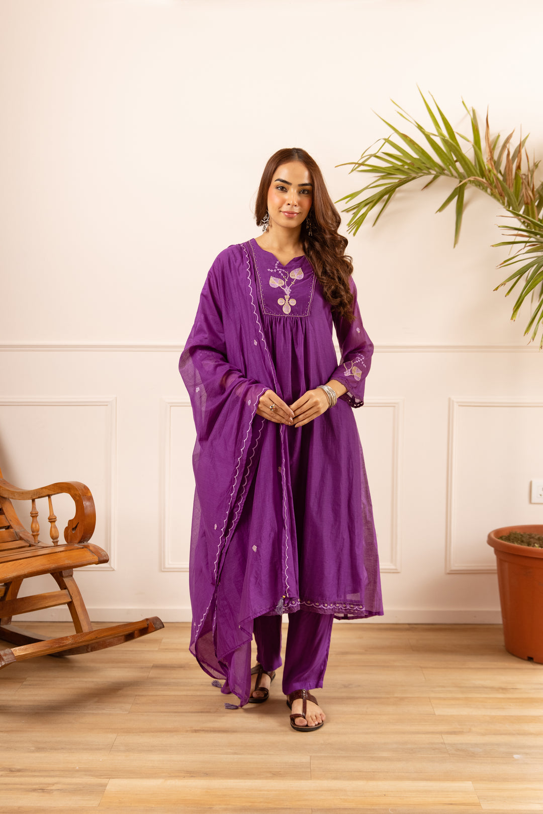Nehamta Women's Purple Chanderi Cotton Kurta with Pant & Dupatta