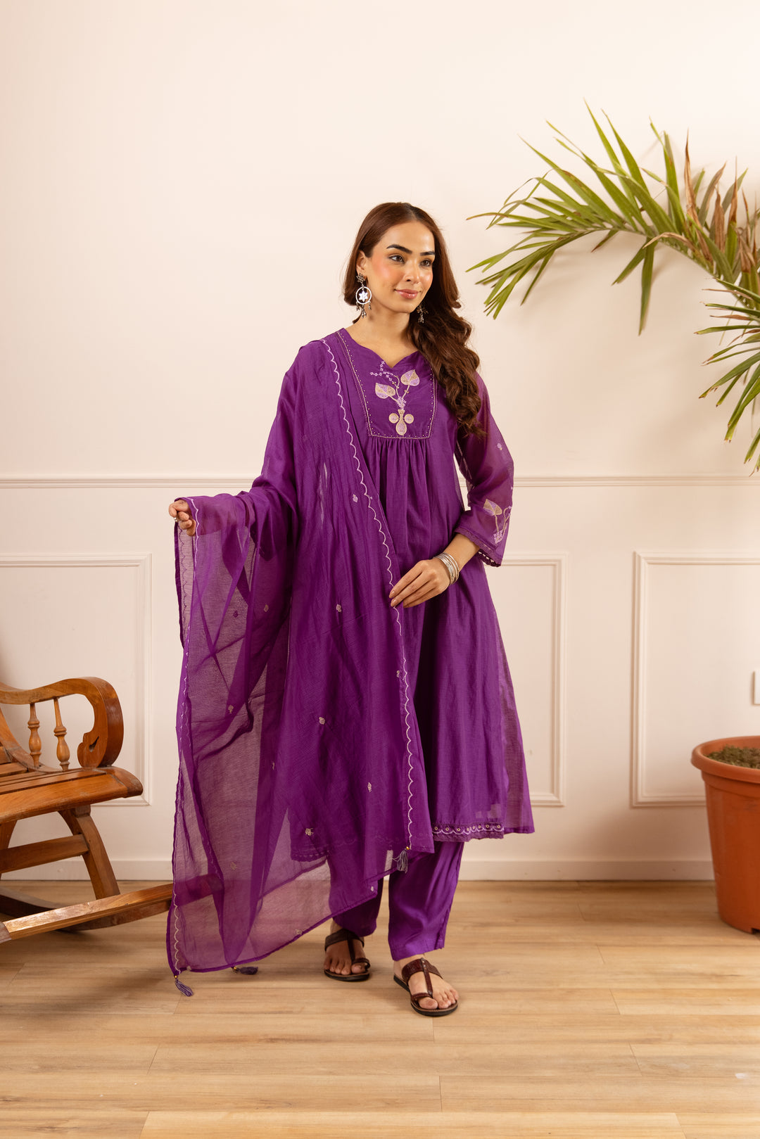 Nehamta Women's Purple Chanderi Cotton Kurta with Pant & Dupatta