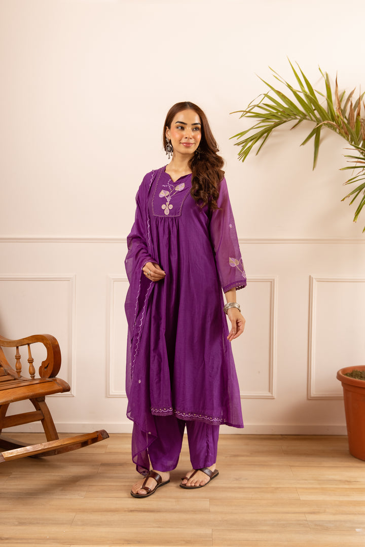 Nehamta Women's Purple Chanderi Cotton Kurta with Pant & Dupatta