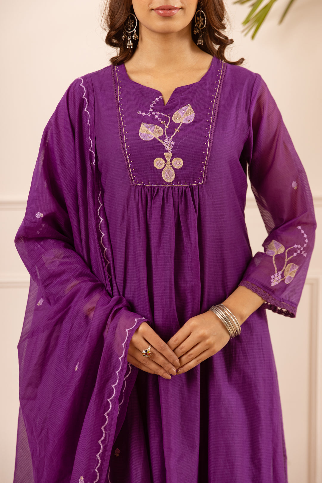 Nehamta Women's Purple Chanderi Cotton Kurta with Pant & Dupatta