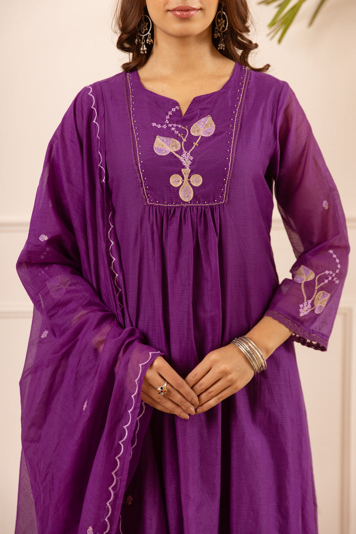 Nehamta Women's Purple Chanderi Cotton Kurta with Pant & Dupatta