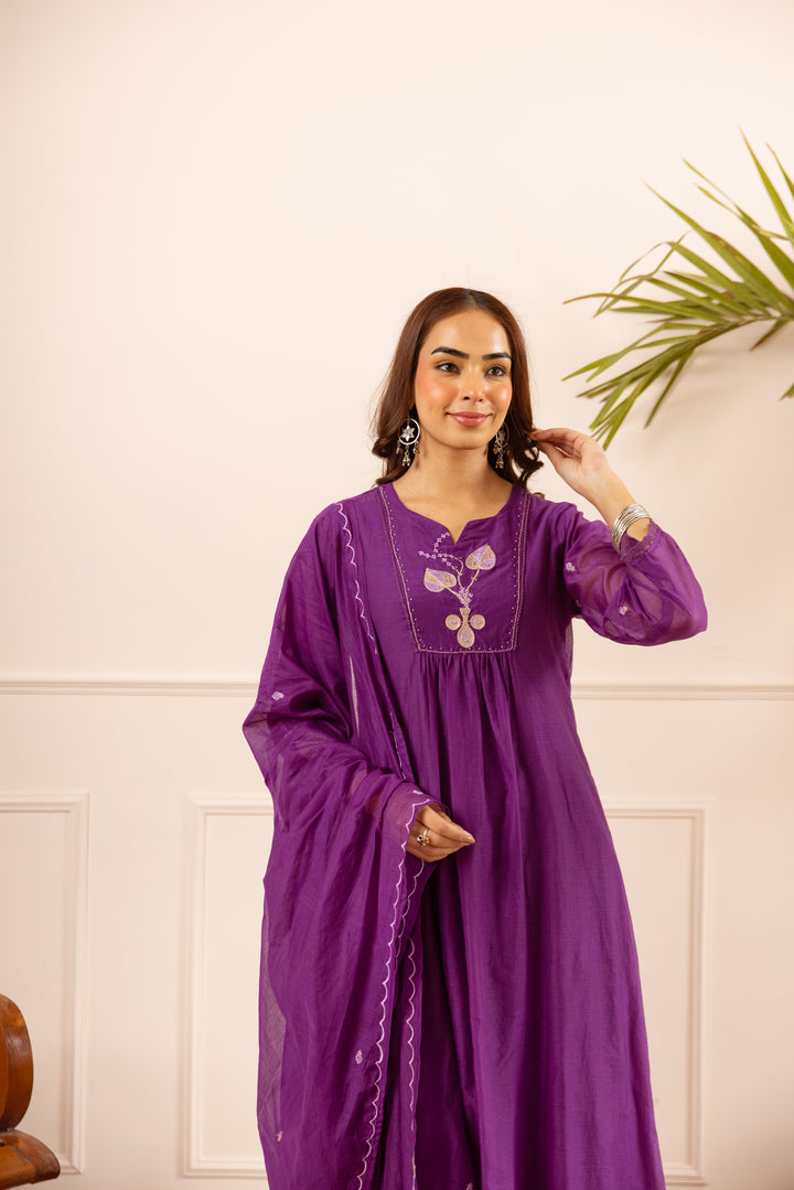 Nehamta Women's Purple Chanderi Cotton Kurta with Pant & Dupatta