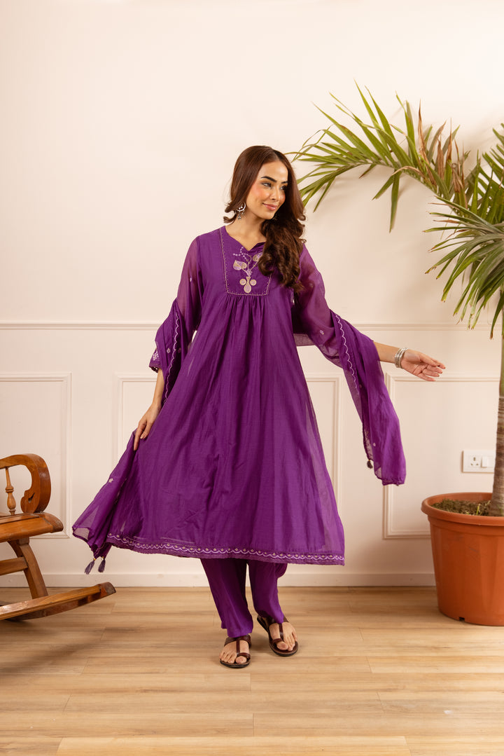 Nehamta Women's Purple Chanderi Cotton Kurta with Pant & Dupatta