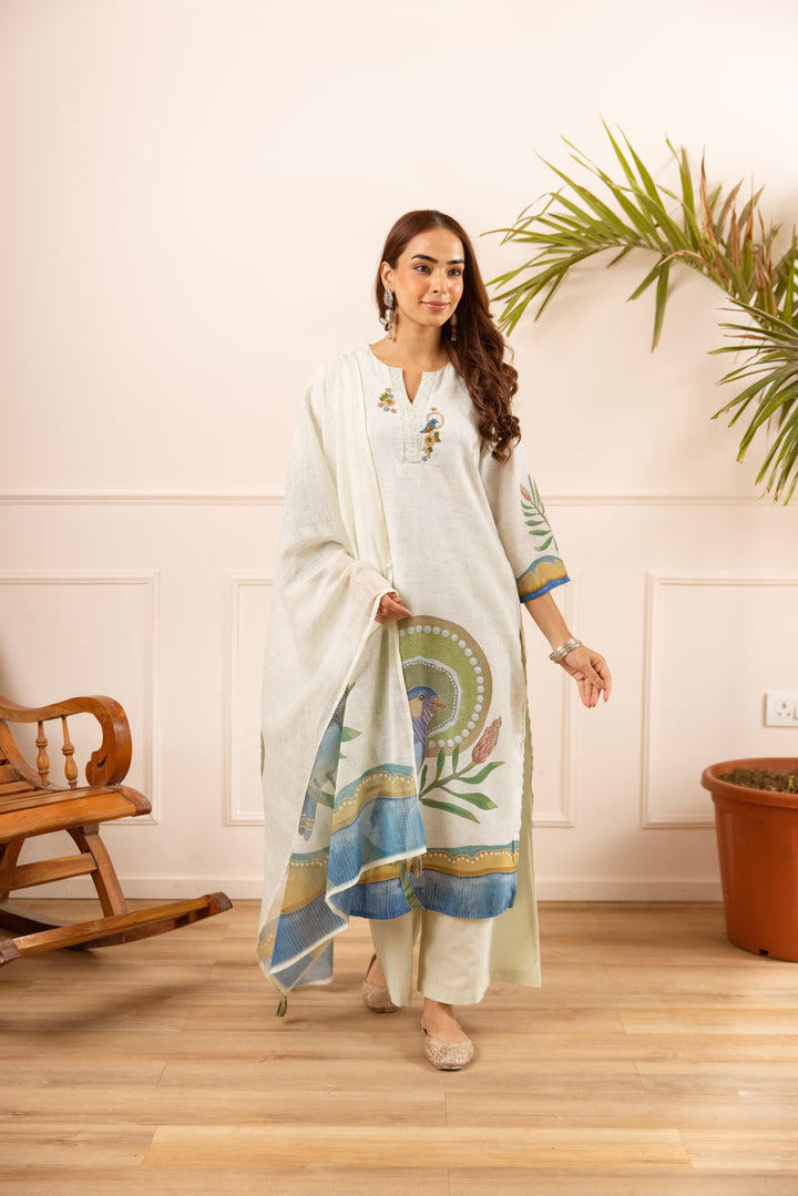 Nehamta Women's Off White Linen Kurta with Palazzo & Dupatta
