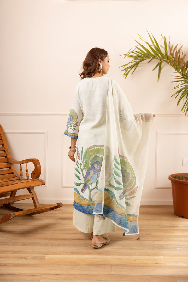 Nehamta Women's Off White Linen Kurta with Palazzo & Dupatta