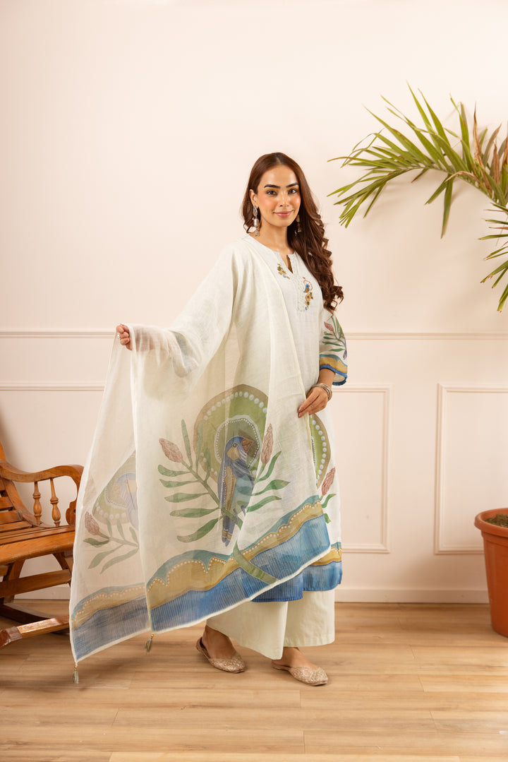 Nehamta Women's Off White Linen Kurta with Palazzo & Dupatta