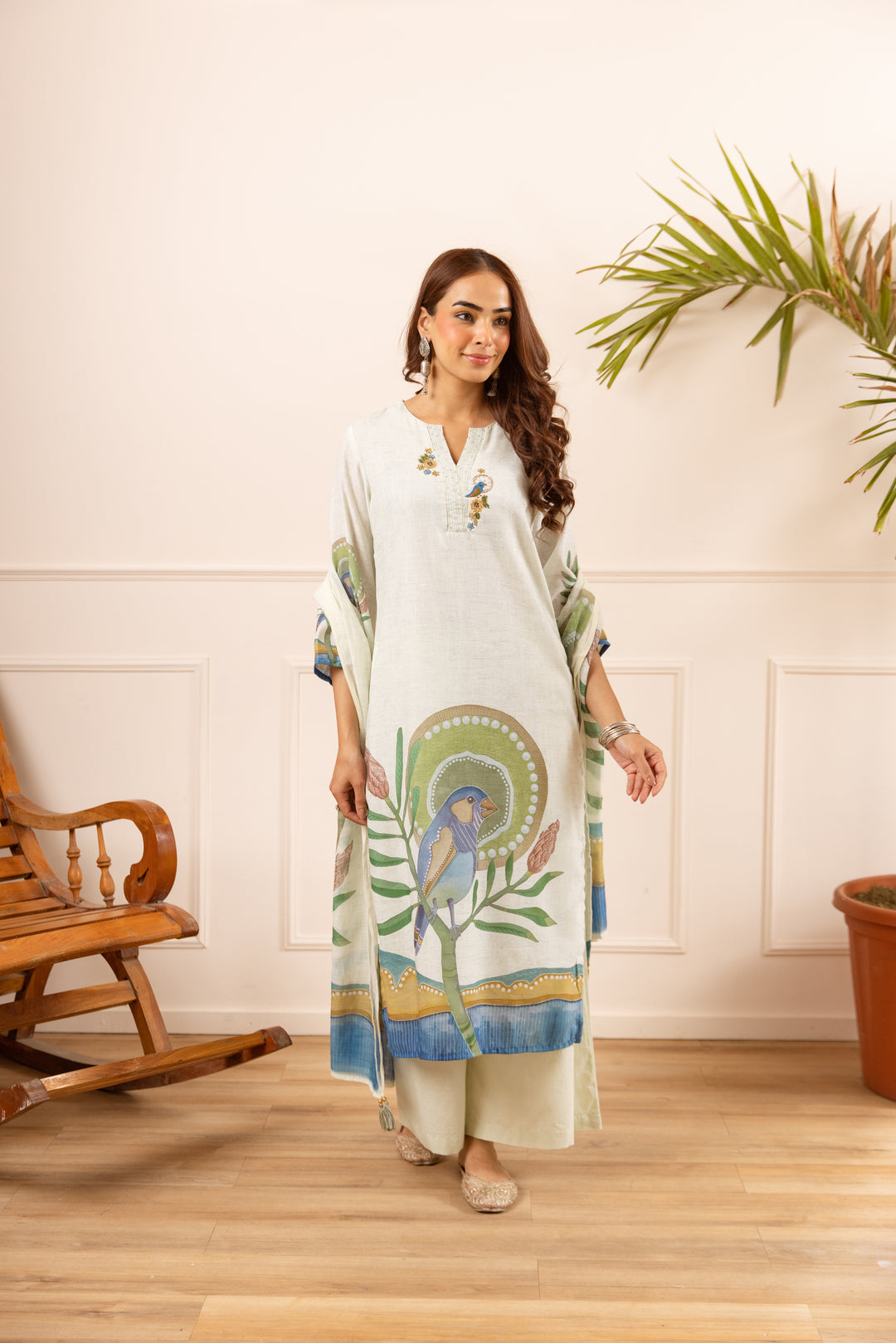 Nehamta Women's Off White Linen Kurta with Palazzo & Dupatta