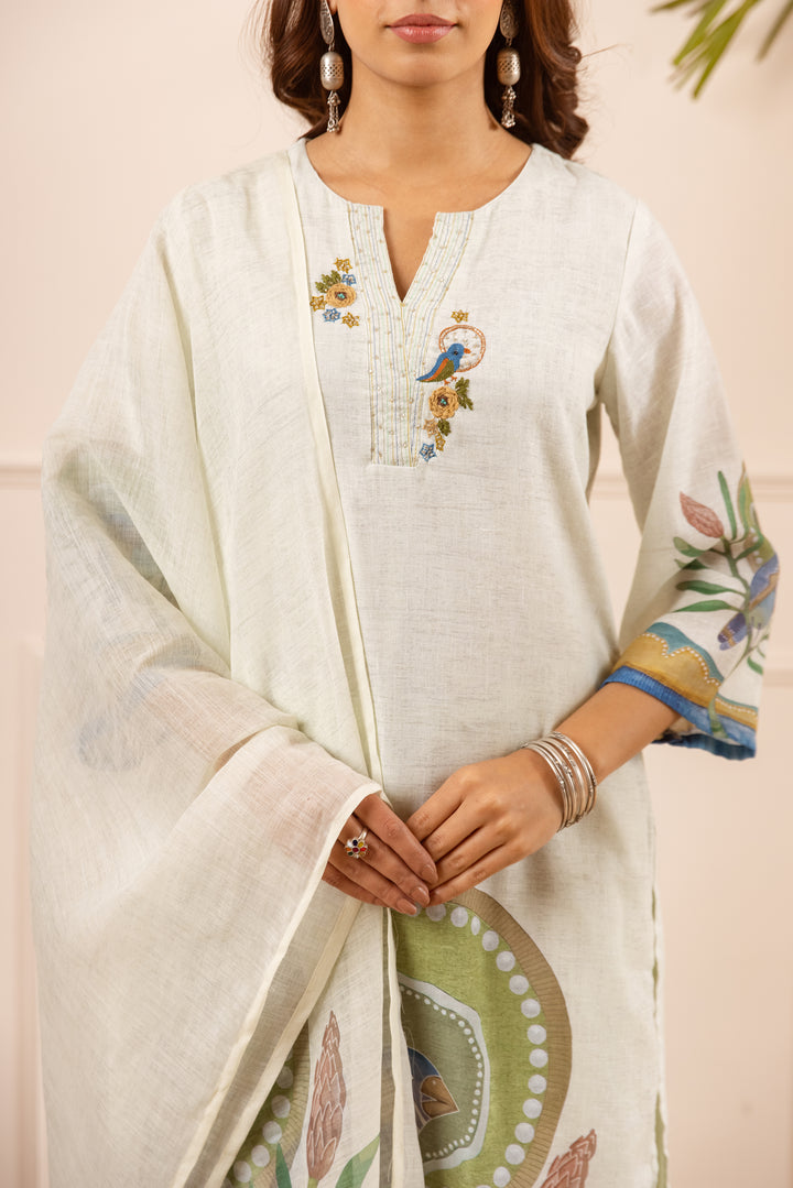 Nehamta Women's Off White Linen Kurta with Palazzo & Dupatta