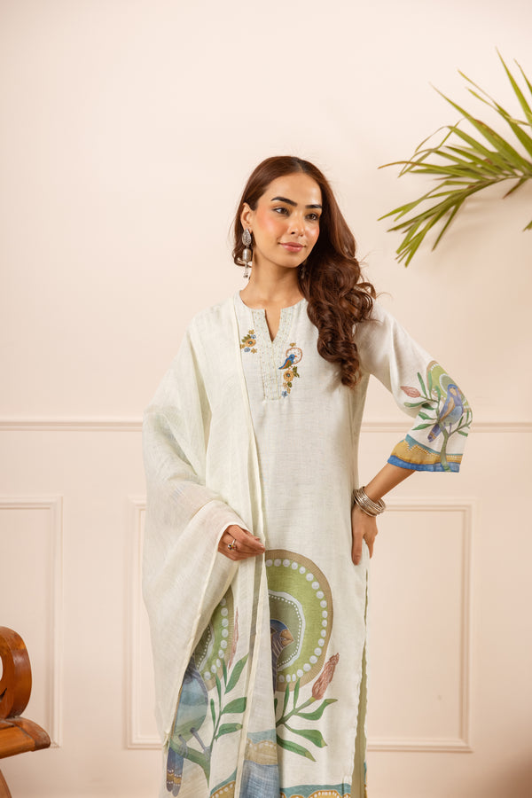 Nehamta Women's Off White Linen Kurta with Palazzo & Dupatta
