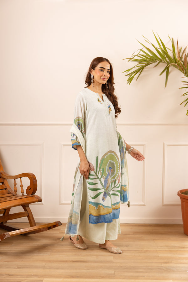 Nehamta Women's Off White Linen Kurta with Palazzo & Dupatta