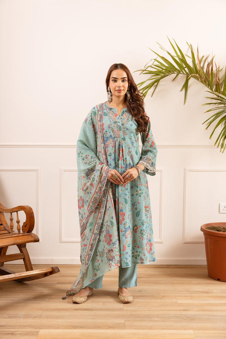 Nehamta Women's Sea Green Chanderi Cotton Kurta with Pant & Dupatta