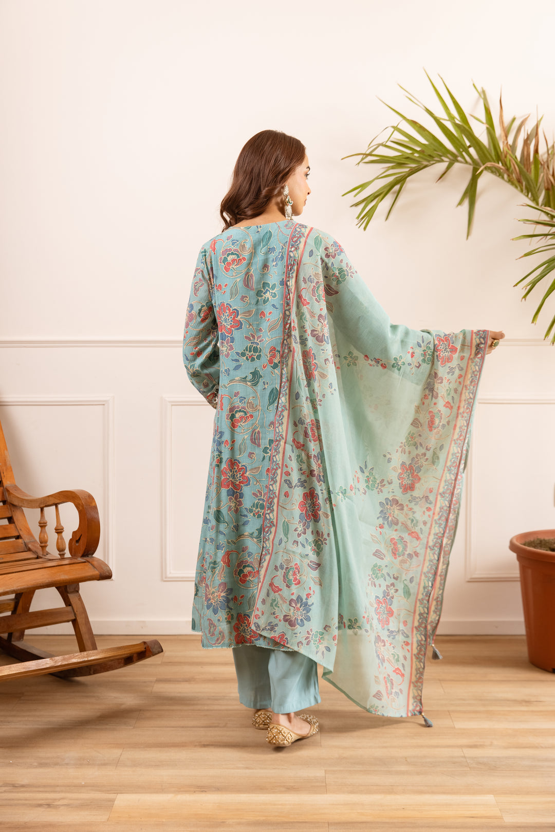 Nehamta Women's Sea Green Chanderi Cotton Kurta with Pant & Dupatta