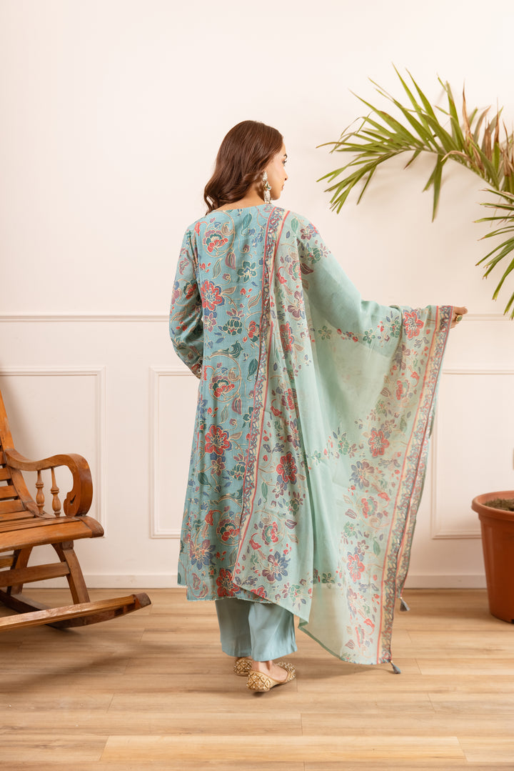 Nehamta Women's Sea Green Chanderi Cotton Kurta with Pant & Dupatta