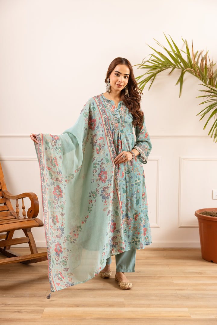 Nehamta Women's Sea Green Chanderi Cotton Kurta with Pant & Dupatta