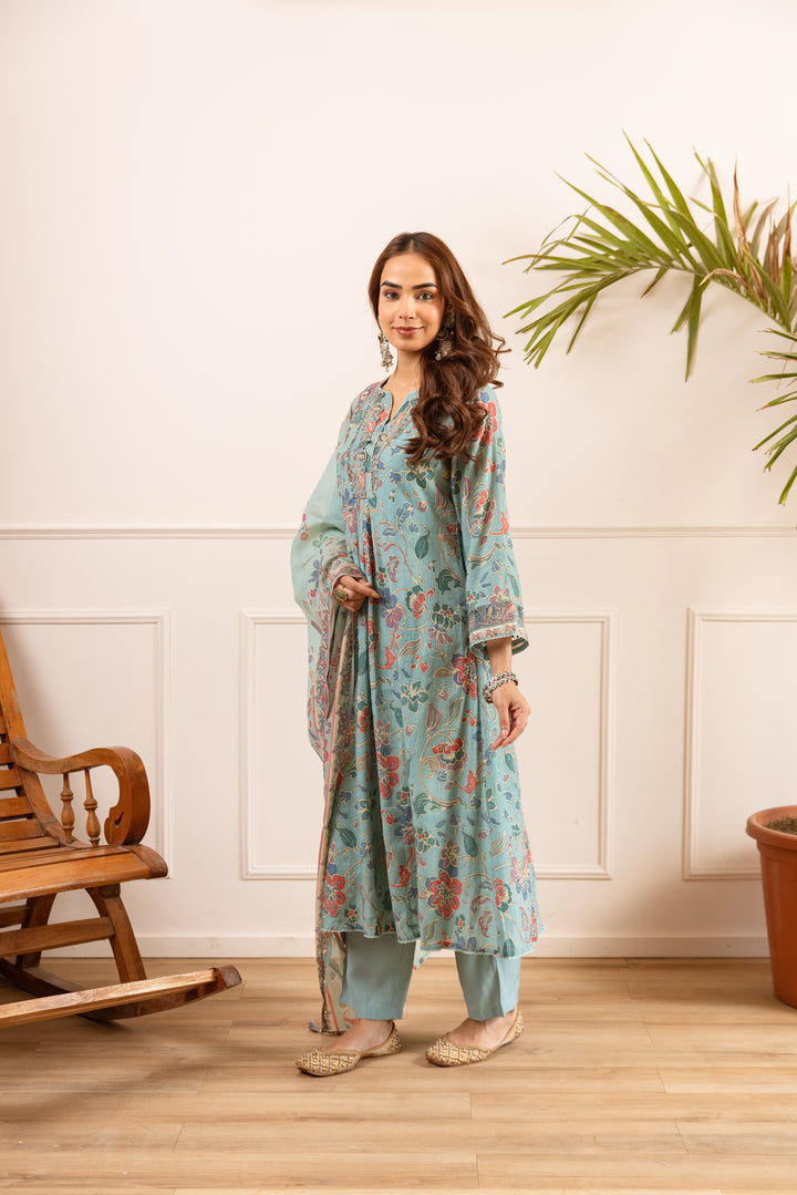 Nehamta Women's Sea Green Chanderi Cotton Kurta with Pant & Dupatta
