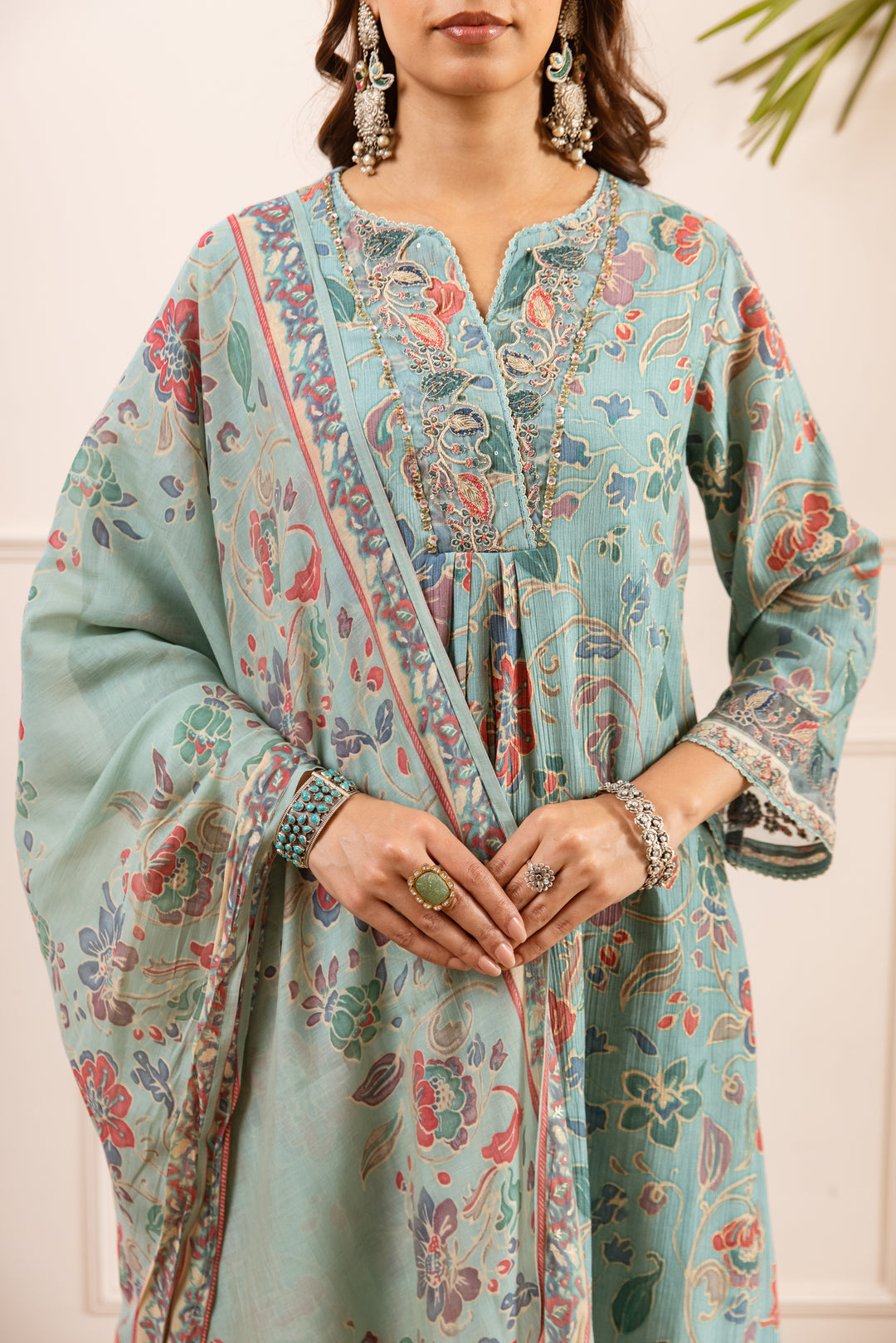 Nehamta Women's Sea Green Chanderi Cotton Kurta with Pant & Dupatta