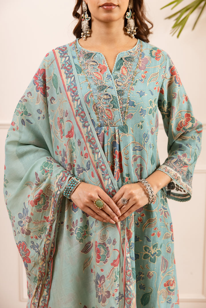 Nehamta Women's Sea Green Chanderi Cotton Kurta with Pant & Dupatta