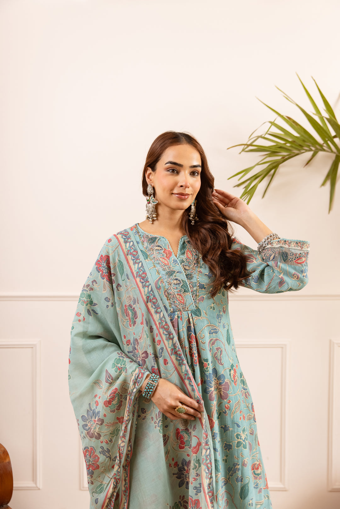 Nehamta Women's Sea Green Chanderi Cotton Kurta with Pant & Dupatta
