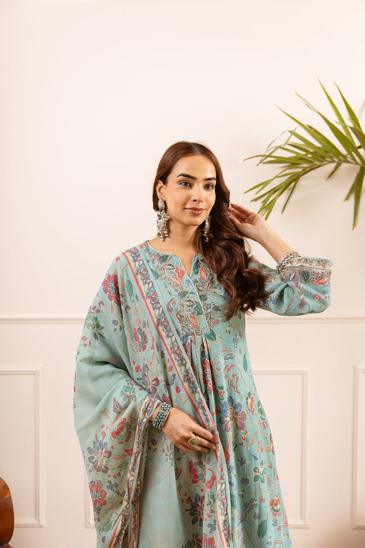 Nehamta Women's Sea Green Chanderi Cotton Kurta with Pant & Dupatta