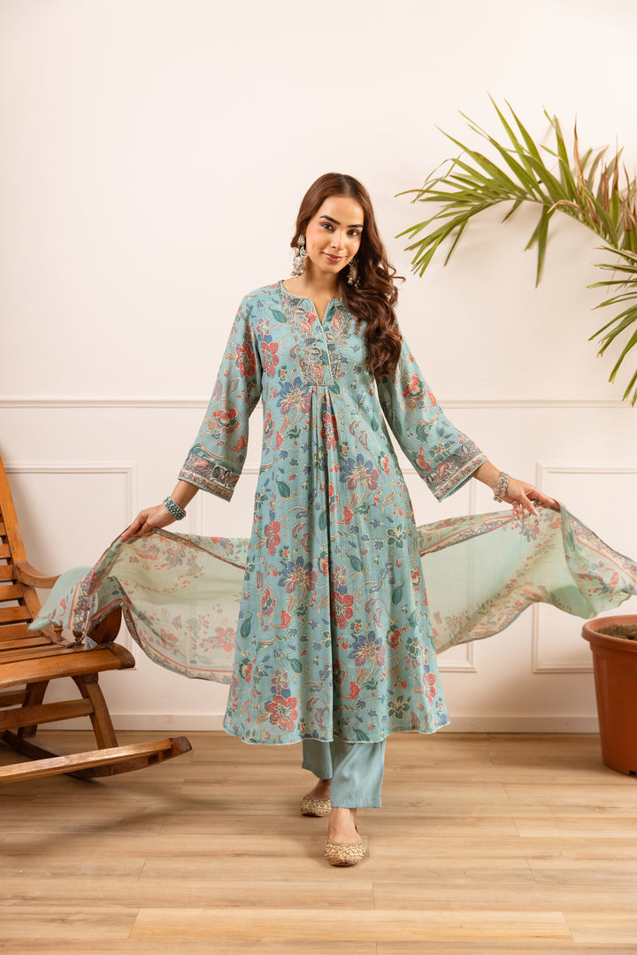 Nehamta Women's Sea Green Chanderi Cotton Kurta with Pant & Dupatta